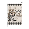 Winter garden flag featuring a hand-painted snowman with snow text and black metal stand - Vintage Snowman Style (HYQ077-5)