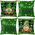 Set di 4 federe per cuscini di San Patrizio con gnomi verdi, trifogli e portafortuna - Stili Combinati Lucky Gnomo (Serie JYM701) / Set da 4 pezzi