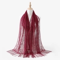 Detail of burgundy lace scarf featuring hollow floral patterns and long fringe tassels - Wine Red (VE123)