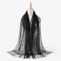 Detailed close-up of intricate hollow lace patterns and fringe on a black fashion scarf - Black (VE123)