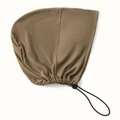 Detail of earth-tone stretchy knit hood featuring black adjustable drawstrings and seam - One Size / Khaki