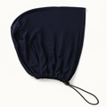 Detail of navy blue stretch cotton hijab cap with adjustable elastic drawstring and toggle - One Size / Navy Blue