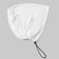 Detail of white elastic turban hat featuring adjustable black drawstring and toggle closure - One Size / White