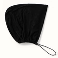 Detail of black elastic turban hat with adjustable drawstring and round toggles - One Size / Black
