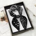 Detailed macro view of black and white satin square scarf with paisley and polka dots - 70*70cm / FH159-01 Black