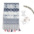 Linen blend striped scarf with blue geometric patterns and colorful tassels - 180*100cm / Navy and Pink