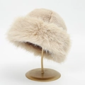 Winter plush faux fur Mongolian hat in beige, warm and stylish on a gold display stand - 31*20 / 6# Beige