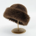 Detail of dark brown faux fur winter hat texture displayed on a metal stand - 31*20 / Coffee Plaid