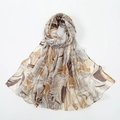 Voile scarf with earth tone leaf print in brown and grey, soft lightweight material - VE103-2# Khaki Leaf