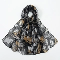 Floral chiffon scarf with black and yellow leaf pattern on lightweight voile fabric - VE103-1# Black Leaf