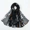 Floral voile scarf in black featuring white and brown botanical patterns for summer - Black White Brown (VE104-1#)