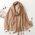 Light coffee cotton linen scarf with tassel wood beads and semi-transparent texture - Solid Color Tassel Wood Bead Style (SL2311-019) / Khaki