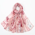 Pink voile floral scarf with delicate red and white ribbon patterns and soft drape - VE104-3# Pink Ribbon