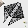 French vintage black lace triangle headscarf with floral embroidery and scalloped edges - Black