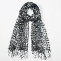 Elegant black mesh scarf with shimmering silver sequins and long fringe tassels - Black
