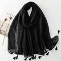Lightweight black linen scarf with wooden beads and elegant tassel trim for women - Solid Color Tassel Wood Bead Style (SL2311-019) / Black