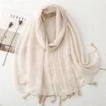 Elegant beige cotton linen scarf featuring rustic wooden beads and fringe tassel detail - Solid Color Tassel Wood Bead Style (SL2311-019) / Beige