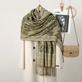 Olive green paisley jacquard shawl with handmade tassels on a white wool coat - Army Green