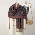 Ethnic paisley tassel shawl in deep purple and gold with handmade label detail - Navy Blue