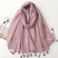 Élégante écharpe en coton et lin rose poudré avec pompons doux et imprimé plume géométrique - Style Uni Gland Perle de Bois (SL2311-019) / Violet Taro
