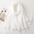 Châle blanc en coton et lin avec glands et perles de bois pour protection solaire d'été - Style Uni Gland Perle de Bois (SL2311-019) / Blanc