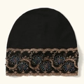 Black turban hat with intricate gold flower embroidery and colorful beaded embellishments - One Size / Black
