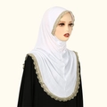 Detail of white hijab with intricate gold lace edges and matching undercap set - White