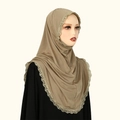 Detail of khaki chiffon hijab showing intricate golden lace embroidery and draped fabric - Khaki