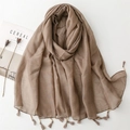 Écharpe en coton et lin kaki foncé avec perles en bois et pompons à franges à plat - Style Uni Gland Perle de Bois (SL2311-019) / Gris café