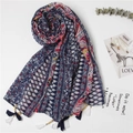 Écharpe ethnique bleu marine en coton et lin avec glands et perles de bois - Style Gland Imprimé Cousu (SL2212-023) / Multicolore Imprimé Tribal