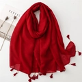 Écharpe rouge en coton et lin avec élégants glands en perles de bois et style bohème - Style Uni Gland Perle de Bois (SL2311-019) / Rouge