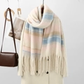 Detail of plaid cashmere-like scarf with long tassels and soft pastel stripe patterns - Pink