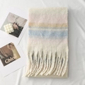 Macro view of pastel color-block knit scarf with soft fibers and thick twisted tassels - 1# Pink