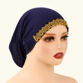 Hijab elasticizzato blu scuro con elegante bordo in pizzo con paillettes dorate - 3# Blu Marino