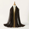 Detailed view of dark brown chiffon scarf featuring intricate gold lace embroidery - 170*70cm / Coffee