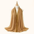 Elegant ginger yellow chiffon shawl featuring gold floral lace embroidery on edges - 170*70cm / Camel
