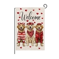 Valentine Golden Retriever garden flag with three dogs and red hearts on linen fabric - Golden Retriever Cute Style (HYQ078-2)