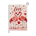 Valentine's Day garden flag featuring two red flamingos with hearts and love script - Flamingo Romantic Hearts Style (HYQ078-3)