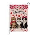 Welcome garden flag featuring three cartoon cats with hearts on a burlap texture - Three Cats Welcome Style (HYQ078-4)