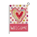 Garden flag with red heart and colorful polka dots featuring white Welcome lettering - Heart and Dots Welcome Style (HYQ080-1)