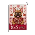 Valentine garden flag with brown bulldog holding a love heart and welcome message - French Bulldog Heart Welcome Style (HYQ078-7)