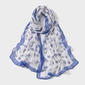 Elegante sciarpa di chiffon bianca con stampa floreale viola e bordo blu scuro - Tulipano Blu Reale (XQ478-4#Blu Reale)