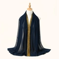 Dark blue chiffon long scarf featuring elegant gold sequin lace trim and floral accents - 170*70cm / 7# Navy Blue