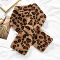 Detail of plush faux rabbit fur leopard print scarf with crisscross fastening closure - Light Coffee