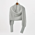 Light grey knitted short shawl sweater with chunky knit texture and ribbed long sleeves - 2#Gray