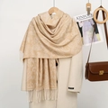Detail of beige cashmere-like scarf with paisley pattern, fringe edges and autumn styling - YR352-03# Beige