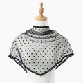 Eleganter schwarzer Polka-Dot-Spitzenschal mit transparentem Stehkragen und Pom-Pom-Borte - 67x50cm / Schwarz