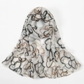 Soft voile scarf for women featuring elegant heart line patterns in black and brown - Heart Geometric Lines / Off White (VE116-3)