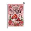 Valentine's Day garden flag with red roses and heart mushrooms on pink burlap texture - Red Rose Heart Mushroom Style (HYQ080-4)