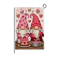 Valentine's Day garden flag featuring romantic gnomes with hearts on linen texture - Nordic Gnomes Baking Sweets Style (HYQ080-5)